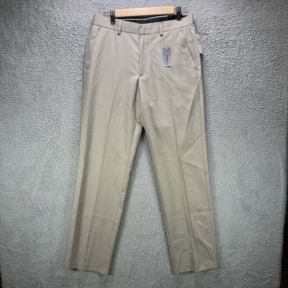 Van Heusen Premium Non Iron Dress Pants Mens 30x32 Khaki Beige Flat Front NWT